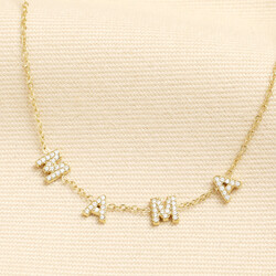 Stainless Steel Crystal Mama Charm Necklace in Gold