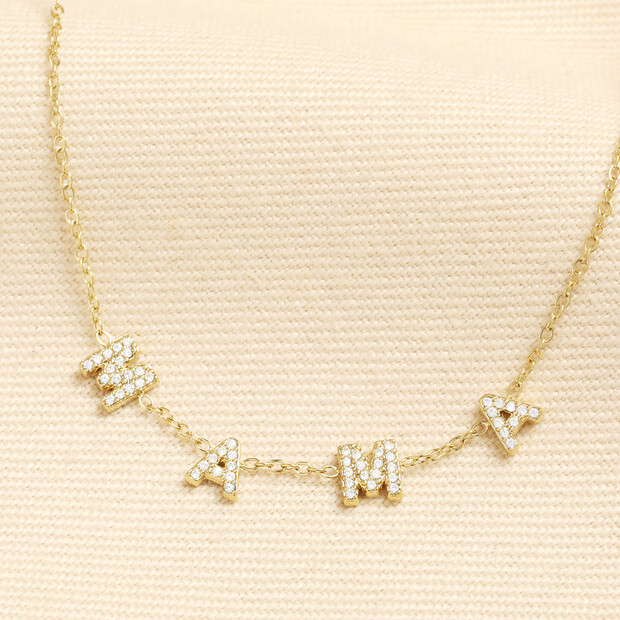 Stainless Steel Crystal Mama Charm Necklace in Gold