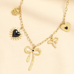 Stainless Steel Chunky Bow and Heart Charm Necklace in Gold