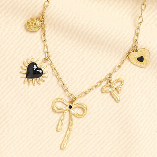 Stainless Steel Chunky Bow and Heart Charm Necklace in Gold