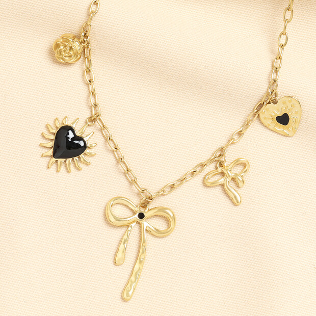 Stainless Steel Chunky Bow and Heart Charm Necklace in Gold