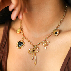 Stainless Steel Chunky Bow and Heart Charm Necklace in Gold