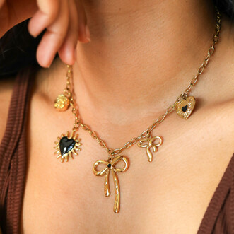 Stainless Steel Chunky Bow and Heart Charm Necklace in Gold