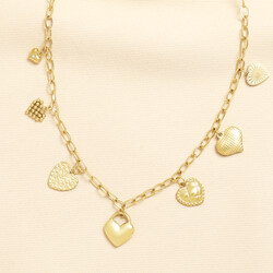 Stainless Steel Multi Heart Charm Necklace in Gold