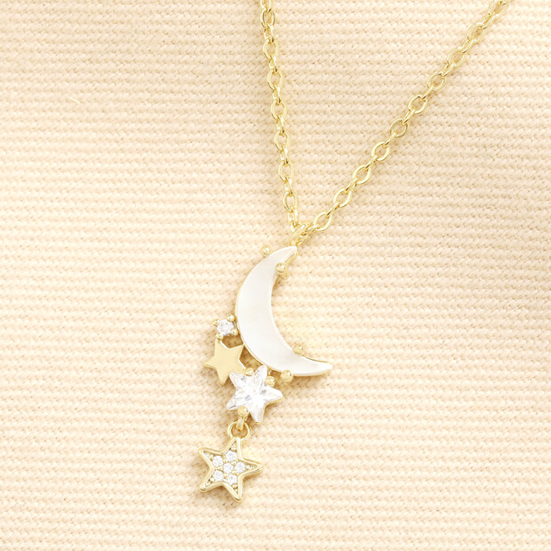 Mother of Pearl Moon & Star Pendant Necklace in Gold