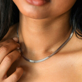 Stainless Steel Herringbone Chain Necklace in Silver