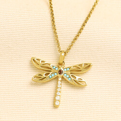 Stainless Steel Dragonfly Pendant Necklace in Gold