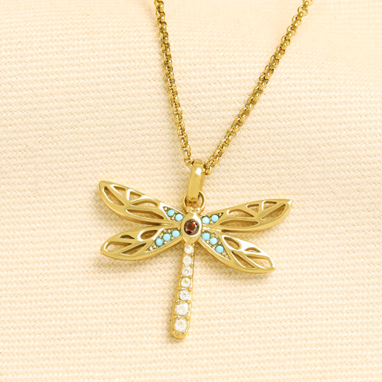 Stainless Steel Dragonfly Pendant Necklace in Gold