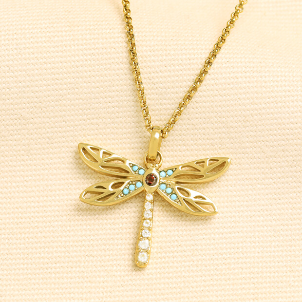 Stainless Steel Dragonfly Pendant Necklace in Gold