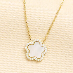 Stainless Steel Mother of Pearl Flower Crystal Pendant Necklace in Gold