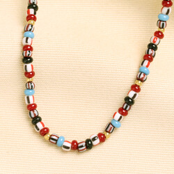 Red and Blue Beaded Necklace in Gold