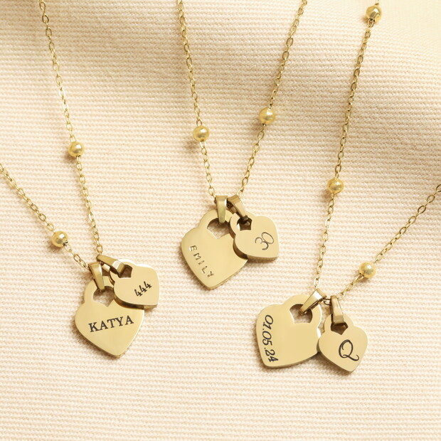 Personalised Stainless Steel Double Heart Charm Necklace in Gold