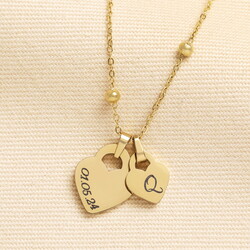 Personalised Stainless Steel Double Heart Lock Charm Necklace in Gold