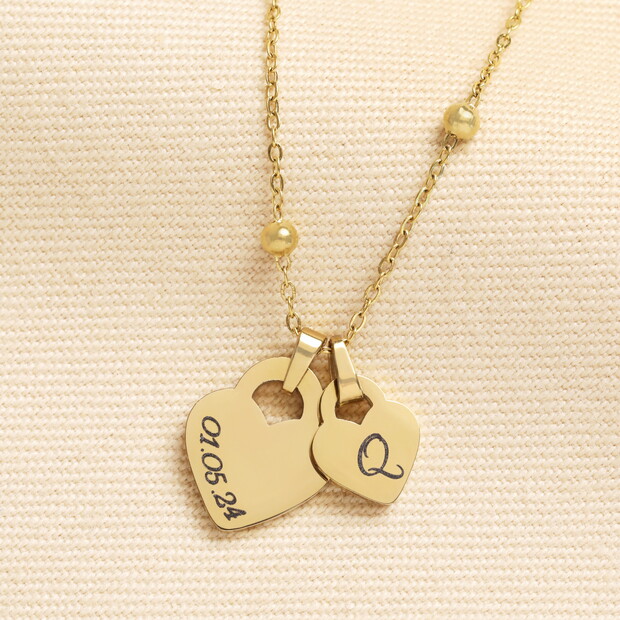 Personalised Stainless Steel Double Heart Lock Charm Necklace in Gold