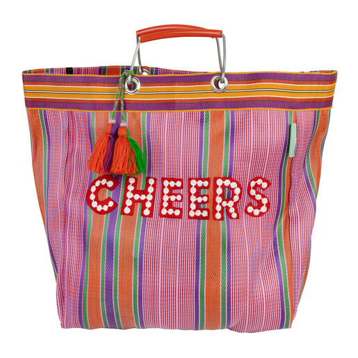 Talking Tables striped recycled plastic tote bag with Cheers wording and beaded tassel charm