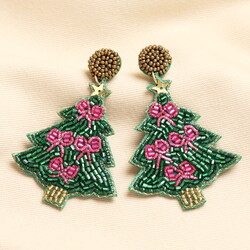 Green Beaded Christmas Tree Drop Earrings