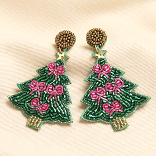 Green Beaded Christmas Tree Drop Earrings