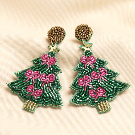 Lightweight Statement Drop Earrings with Green Pink and Gold Beads in Festive Design