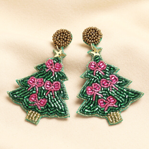 Green Beaded Christmas Tree Drop Earrings