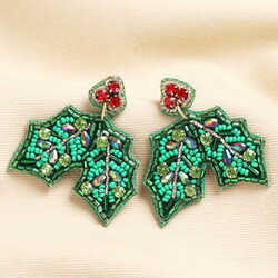 Green Beaded Holly Sprig Drop Earrings