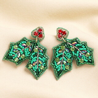 Green Beaded Holly Sprig Drop Earrings
