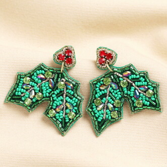 Green Beaded Holly Sprig Drop Earrings