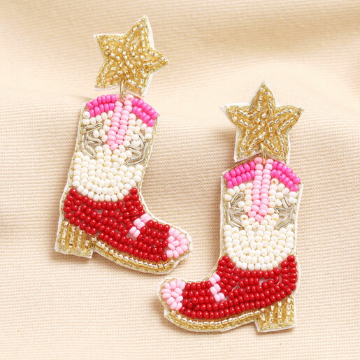 A Pink White Red and Gold Beaded Pair of Drop Studs in the Shape of a Cowboy Boot