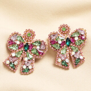 Pink and Green Crystal Bow Drop Earrings