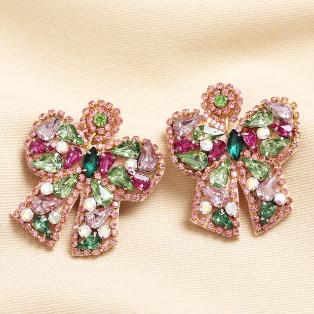 Pink and Green Crystal Bow Drop Earrings