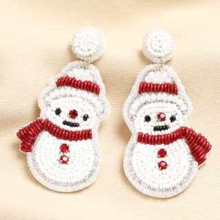 White Beaded Snowman Drop Earrings