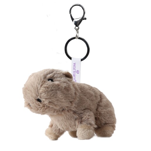 Plush brown Warmies capybara bag charm with silver clasp on white background