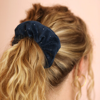 Navy Velvet Crystal Hair Scrunchie