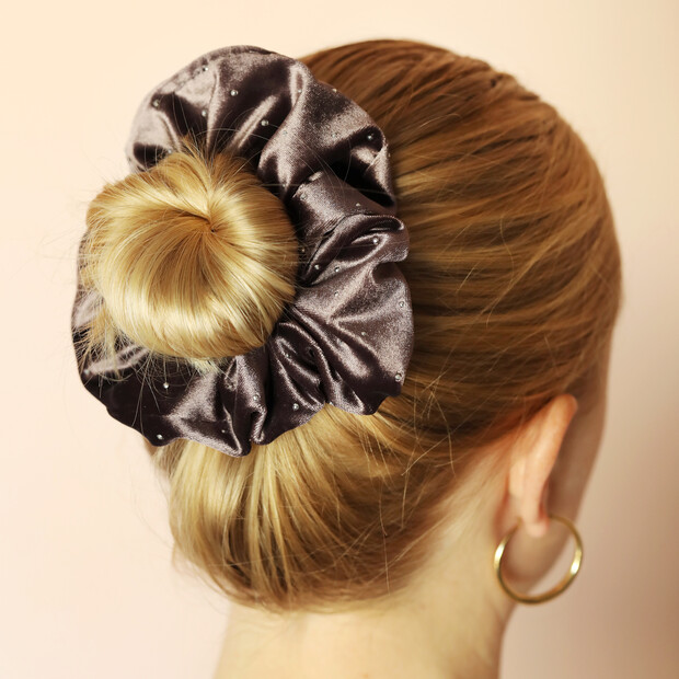 Taupe Velvet Crystal Hair Scrunchie