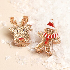 Gold sparkly Candy Man and Reindeer Mini Hair clips 