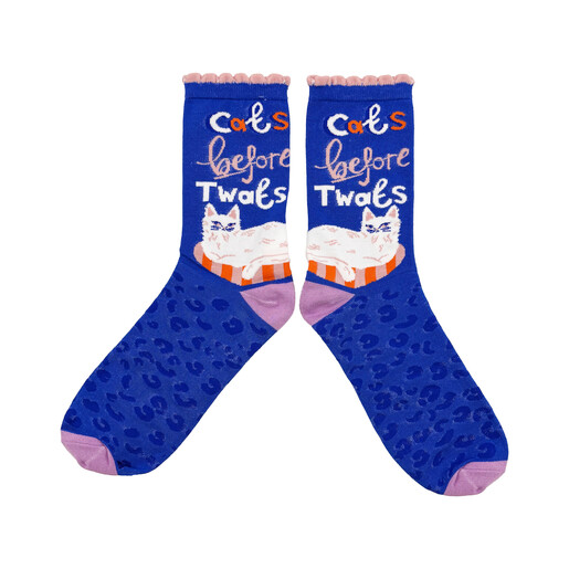 Pair of blue bamboo socks featuring a cat illustration and pink frilled cuffs
