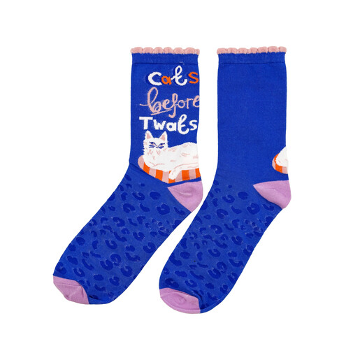 Pair of blue Catnip Cats Before Twats bamboo socks laid flat