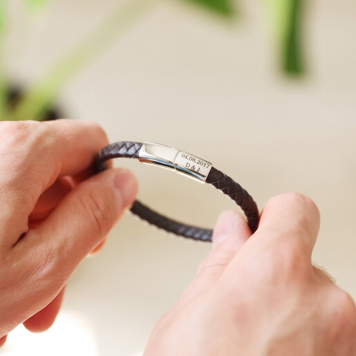 Model Holding Men's Personalised Wedding Woven Bracelet