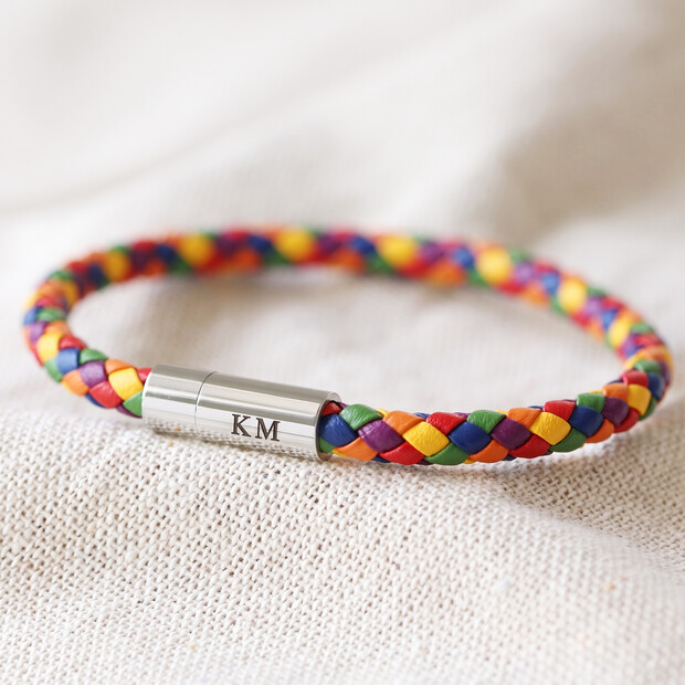 Personalised Son Bracelet in Rainbow Braided Leather
