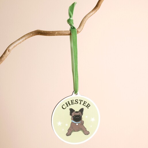Personalised French bulldog hanging ornament with name Chester and green velvet ribbon.