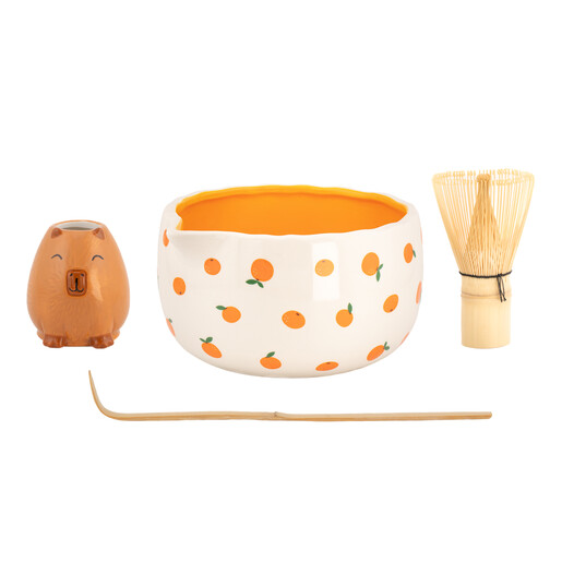White background studio shot of four piece capybara matcha tea set