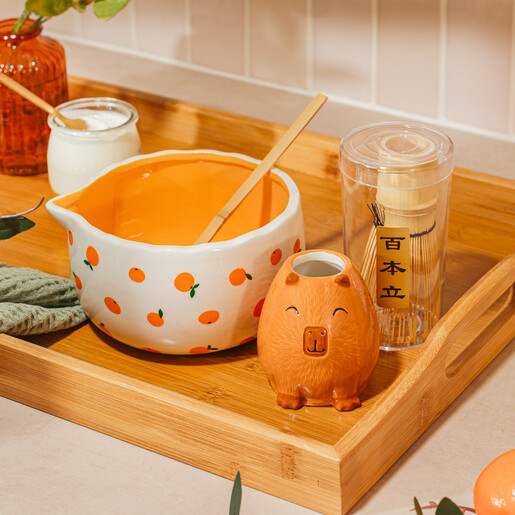 Complete four piece capybara matcha set displayed on a wooden tray