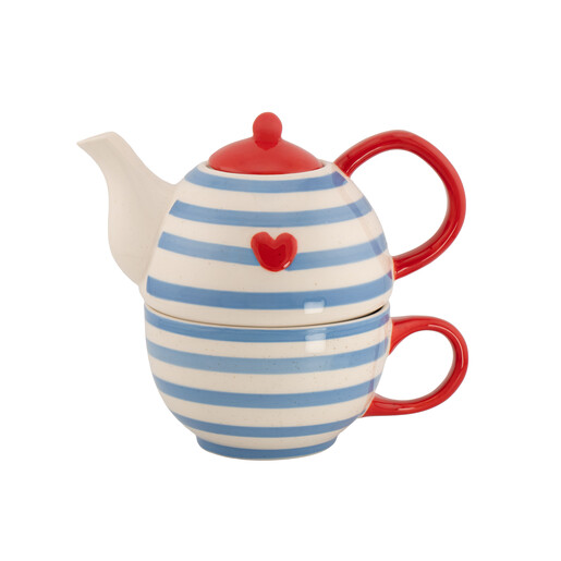 Stacked blue and white striped teapot and mug with red heart and handle details