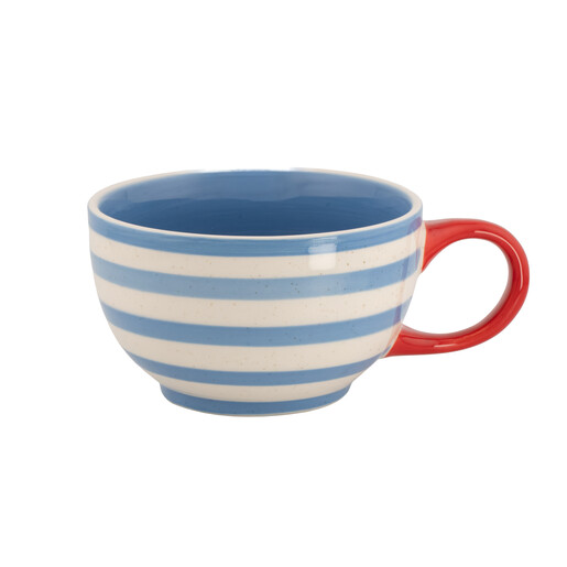 Side view of the blue and white striped ceramic mug with a red handle