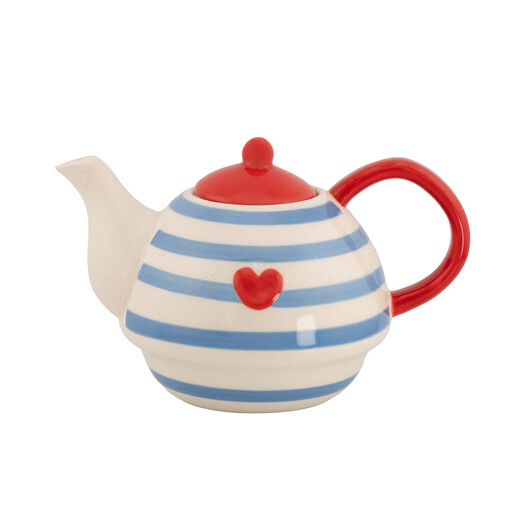 Blue and white striped ceramic teapot with a red lid, handle, and heart accent