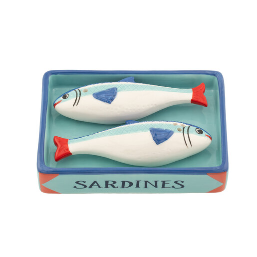 Sass & Belle ceramic fish-shaped salt and pepper shakers inside a blue sardine tin tray
