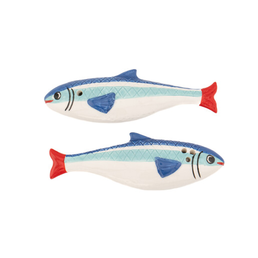 Pair of blue and white ceramic sardine salt and pepper shakers