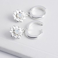 Crystal Daisy Huggie Hoop Earrings in Silver
