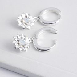 Crystal Daisy Huggie Hoop Earrings in Silver