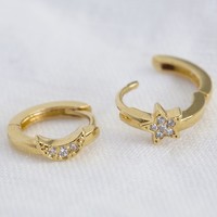 Gold Sterling Silver Moon and Star Huggie Hoop Earrings