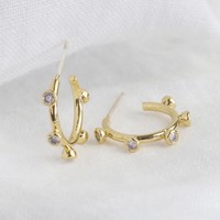 Small Crystal Orb Hoop Earrings in Gold